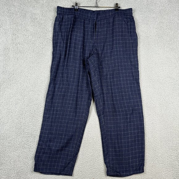 Eileen Fisher Pants XL Midnight Blue Wide Leg Ankle Cropped Tussah Silk Plaid - Picture 1 of 13